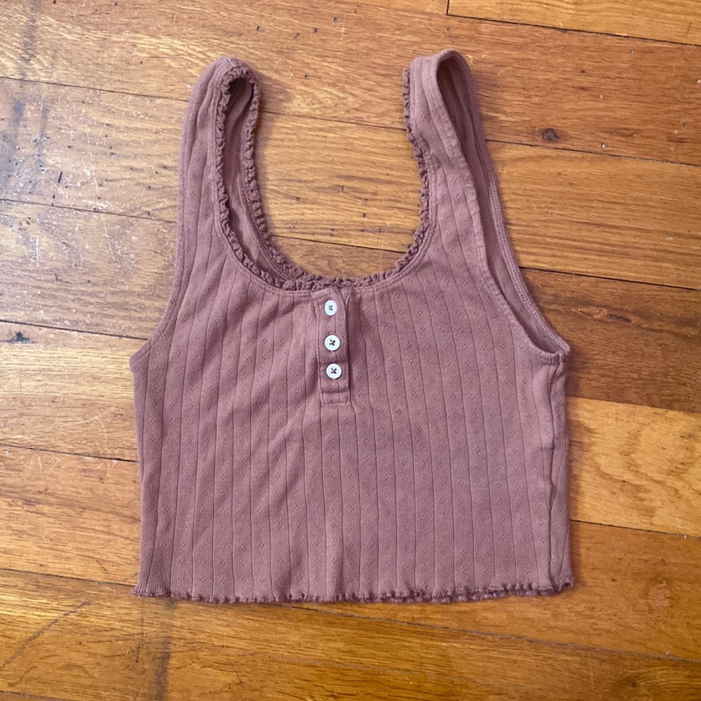 Tan American Eagle Lettuce Hem Henley Top